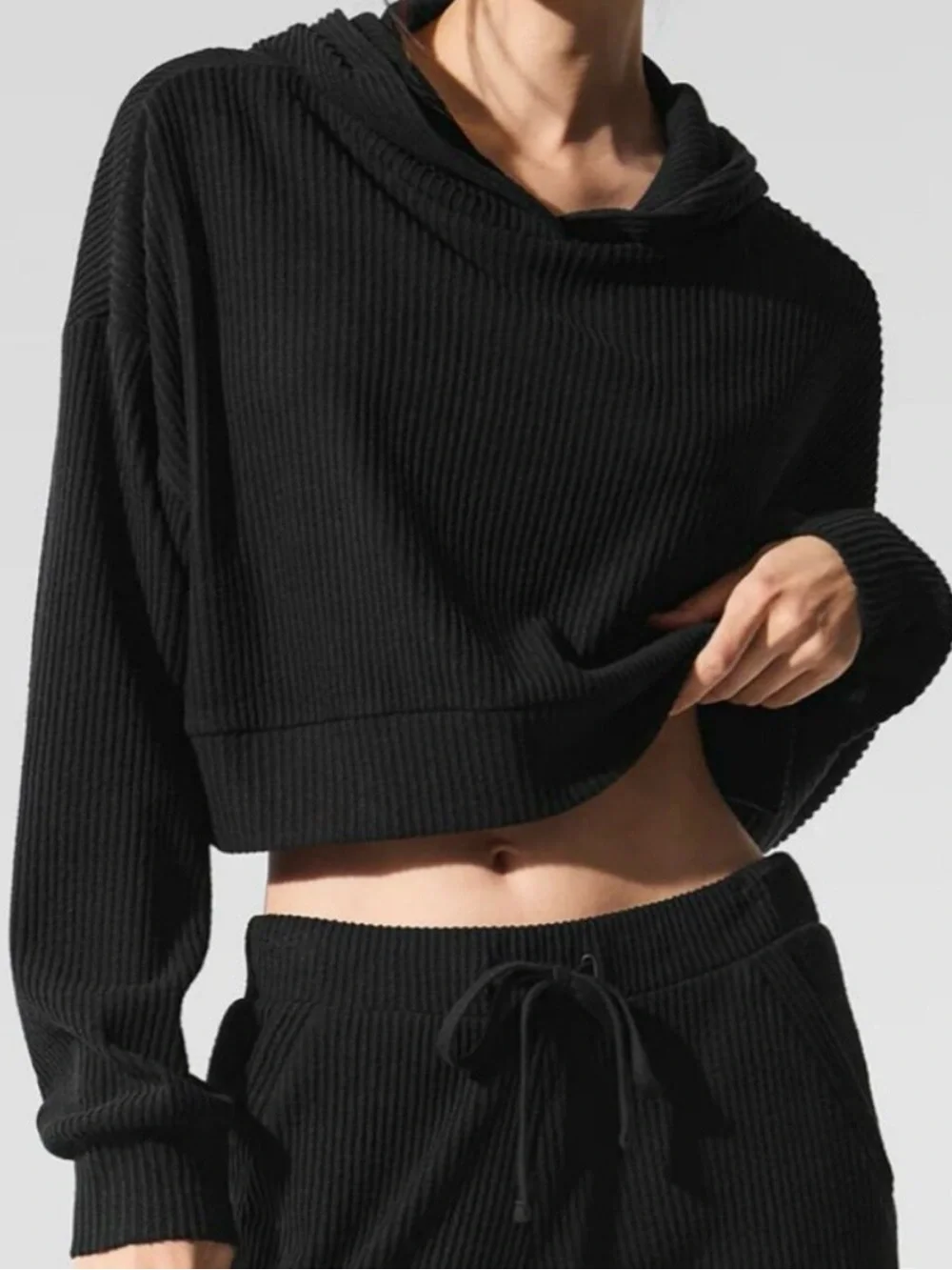 Alo Yoga Muse Hoodie Black Cropped Ribbed Knit Pullover Sweatshirt